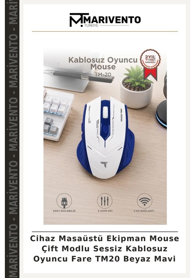 Cihaz Masaüstü Ekipman Mouse Çift Modlu Sessiz Kablosuz Oyuncu Fare Tm20 Beyaz Mavi