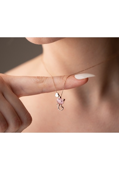 925 Ayar Papatya Ay Taşı Osimhen Maske Kedili Kolye Rose,gold,rodaj Gümüş