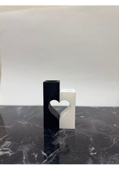 Kalp Detaylı İkili Led Tealight Mumluk Siyah Beyaz Romantik Dekoratif Set