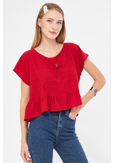 Armonika Kadın Kırmızı Yarasa Kol Yakası Bağlamalı Eteği Fırfırlı Oversize Crop Bluz Arm-24y001088 Armonika Kadın Kırmızı Yarasa Kol Yakası Bağlamalı Eteği Fırfırlı Oversize Crop Bluz Arm-24y001088
