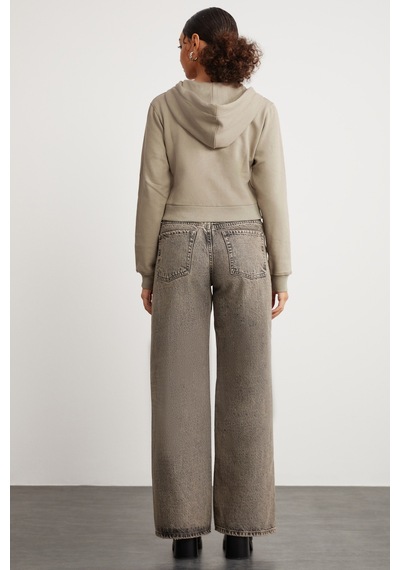 Grimelange Delıa Kadın Crop İçi Polarlı Fermuarlı Organik Pamuklu Kapüsonlu Kordonlu Bej Sweatshirt Bej
