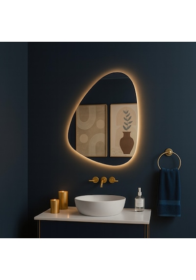 40x55 Cm Modern Asimetrik Led Banyo Aynası Dokunmatik Sensörlü, Dimmerli, 3000k Günışığı Sarı