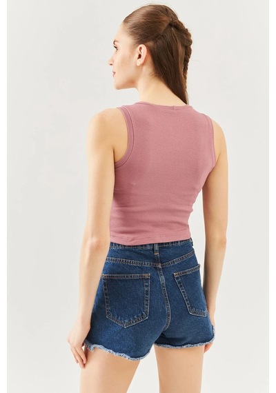Butikgiz Kadın Sıfır Kol Bisiklet Yaka Vücuda Oturan %100 Pamuklu Kaşkorse Esnek Crop Bluz Gül Kurusu