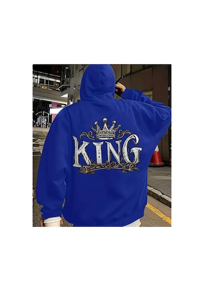 Herkesemoda Arka King Baskı Detaylı Kapüşonlu Sweatshırt Mavi