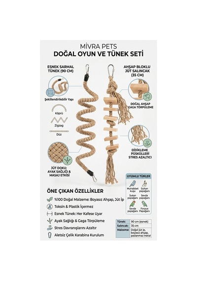 2'li Doğal Ahşap Kuş Oyuncak Seti - 90cm Esnek Tünek Ve Jüt İp Ke