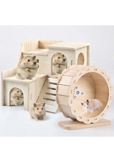 Hamster Evi Ve Koşu Tekerleği Seti - Ahşap Çok Katlı Yuva Merdivenli Oyun Parkı Ve Sessiz Koşma Çarkı
