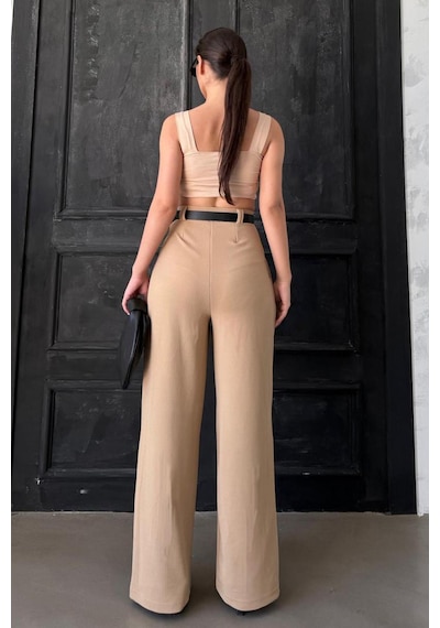 Madmext Bej Çift Pileli Kemerli Pantolon Mg2330 Bej