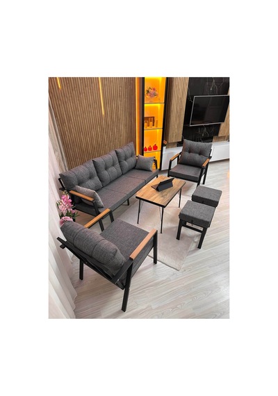 Houseart Balkon, Bahçe - Metal Kanepe Koltuk Takımı 3+1+1 + 2 Adet Puf + Sehpa Gri