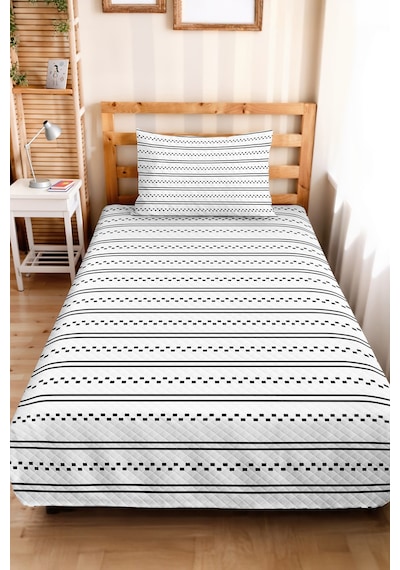 Siyah Çizgili Geometrik Genç Odası Tek Kişilik Pike Takımı - Modern Minimal 160x220 Cm Yatak Örtüsü Mistik Meşe Sırları