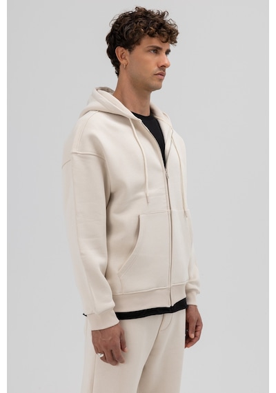 Vamos Basic Fermuarlı Oversize Kapüşonlu Sweatshirt Taş
