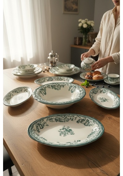 Akayev Porselen Vintage Green 5 Parça Salata Kayık Servis Takımı Green