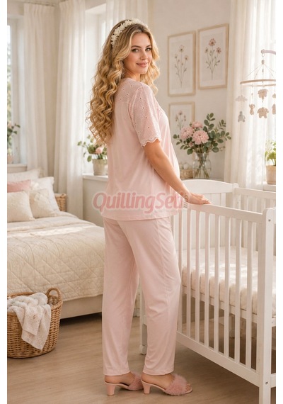 Lady Bebe Pembe Renkli Dantel Detaylı 33206 Kısa Kol 2 Parça Lohusa Hamile Pijama Takımı Açık Pembe