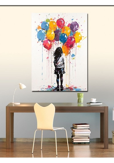 Kanvas Tablo Renkli Uçan Balonlar Ve Kız Çocuğu 100cmx140cm