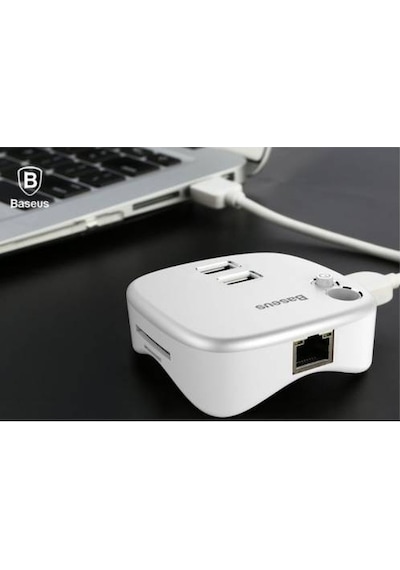 Baseus 4in1 Hub Usb 3.0 Rj45 Tf Sd Kart Okuyucu Ethernet Girişli Kalem Yerli Notebook Adaptörü