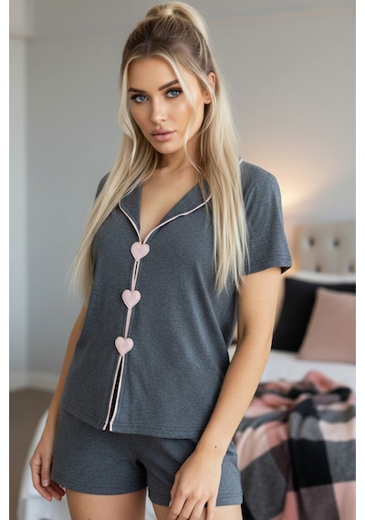 Siyah İnci Biye Detaylı Örme Şort Takım7890 Antrasit