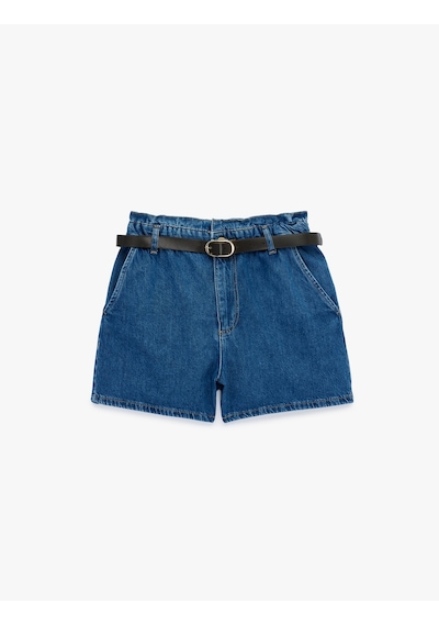 Koton Yüksek Bel Cepli Pamuklu Kemerli Denim Şort Orta İndigo 6sal40038md