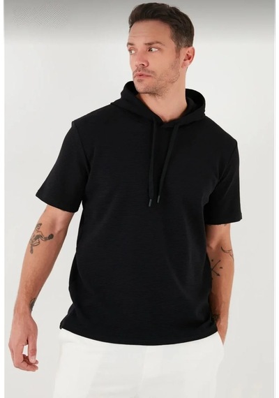 Erkek Kapüşonlu Tişört Kısa Kol Düz Oversize T-shirt - Siyah