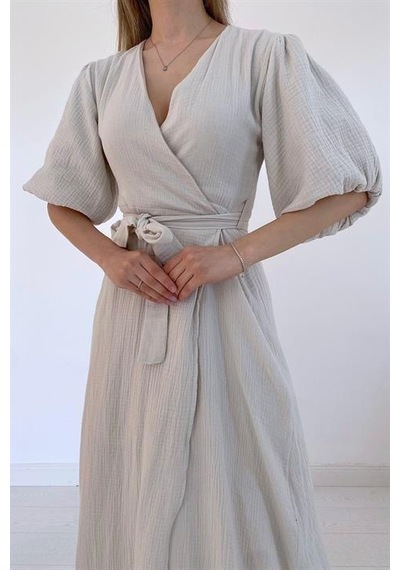 Elbee Fashion Woman Kuşaklı Müslin Elbise - Bej-7108