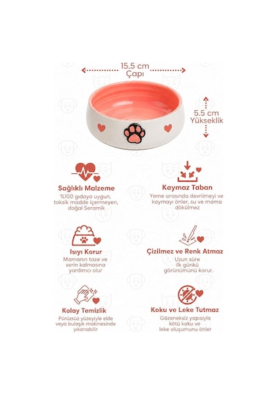Lüks Seramik Mama Kabı Pati Kedi Köpek Kalp Desen Kabartmalı Doğal Renkli Kedi Ve Köpek Yemek Su Kasesi, Devrilmez Premium Dekoratif Porselen Yapı 1 Adet Tekli Pembe