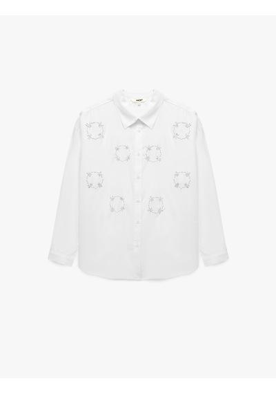 Koton Pamuklu Uzun Kollu Boncuk Nakış Detaylı Poplin Oversize Gömlek Beyaz 6sak60188ew