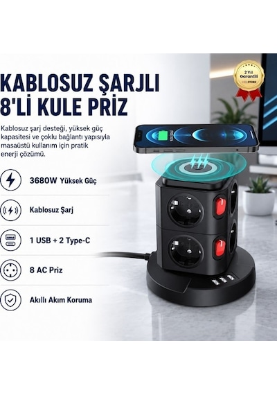 Kablosuz Şarj Destekli 3680w 8'li Kule Priz-wireless Şarj Destekli-1579 1.8 M