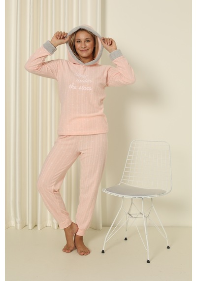 Wordex Fawn 3900 Peluş Welsoft Polar Kışlık Kapşonlu Kadın Pijama Takımı Soft Pembe