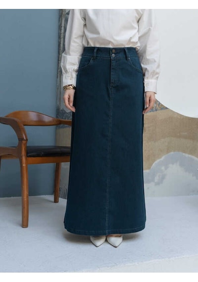 2254-denim Klasik Etek Petrol Petrol