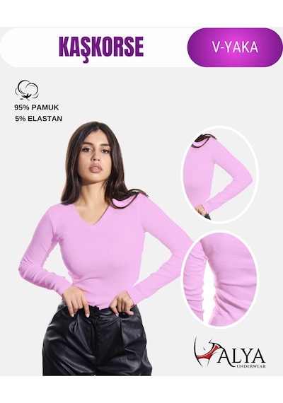Alya Underwear Pamuklu Kaşkorse V Yaka Body Sweatshirt, Fitilli Kumaş Likralı Bluz, Asker Yeşili Badi LILA