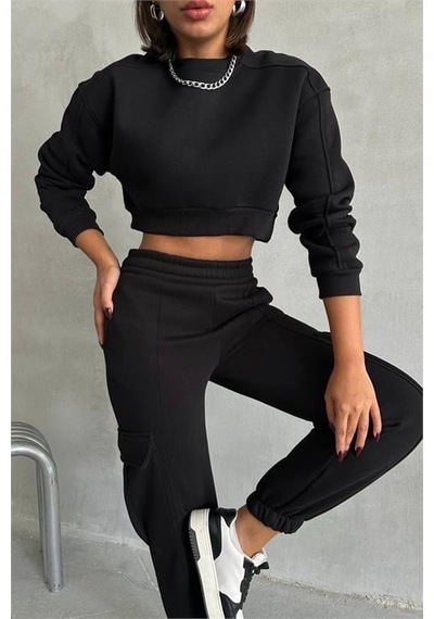 Dip Moda Kadın Bisiklet Yaka Crop Eşofman Takımı Dpnbg041 Siyah