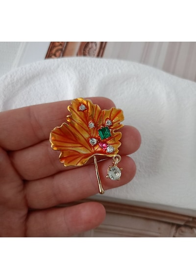 Lente Aksesuar Turuncu Çınar Yaprağı Broş-kristal Taşlı Sonbahar Yaprağı Yaka İğnesi Çok Renkli