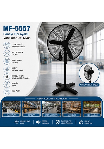 Ayaklı Sanayi Tipi Vantilatör - Metal Pervane, 3 Kademe, 220v