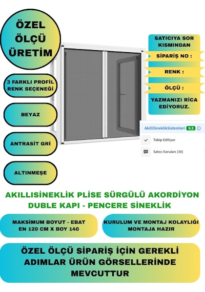 Plise Pileli Akordiyon Duble Kapı Pencere Sineklik 140x140