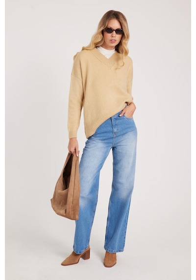Tudors Kadın Regular Fit Klasik Kesim Pamuklu Bol Paça Mavi Jean Pantolon-39521 Mavi
