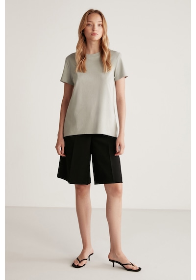 Grimelange Samantha Kadın %100 Organik Pamuklu Comfort Fit Arkası Uzun Basic Örme Açık Gri T-shirt Açık Gri