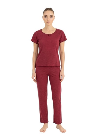 Seamlife Kadın %100 Pamuk Kalp Desenli Kısa Kollu Pijama Takımı 466542 Bordo