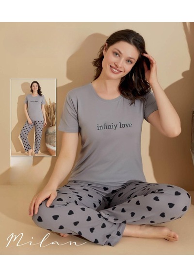 Boyraz Slim Fit Dar Kesim Kadın Milan Bisiklet Yaka Kısa Kol Pijama Takımı 11026g - 1 Adet Gri Boyraz Slim Fit Dar Kesim Kadın Milan Bisiklet Yaka Kısa Kol Pijama Takımı 11026g - 1 Adet Gri