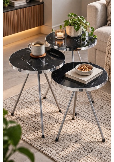 Sulorahome Gümüş Metal Ayaklı Siyah Mermer Desenli 3'lü Zigon Sehpa Takımı