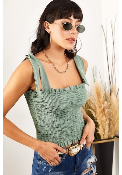 Aqe Fashion Kadın Yeşil Askılı Crop Bluz-Su Yeşili