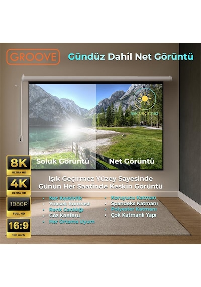 Groove Vizio Pro 150 Inch Blackout Işık Geçirmez Elektrikli Otomatik Kumandalı Projeksiyon Perdesi 332x188cm +motorlu+canlı Renkler+göz Koruması+leke Tutmaz Projector