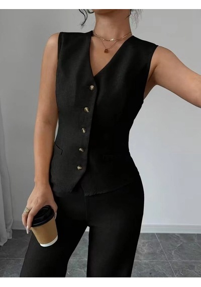 Defymoda Kadın Askılı Önden Düğmeli Bluz Ve Pantolon Keten Ikili Takım Siyah Defymoda Kadın Askılı Önden Düğmeli Bluz Ve Pantolon Keten Ikili Takım Siyah