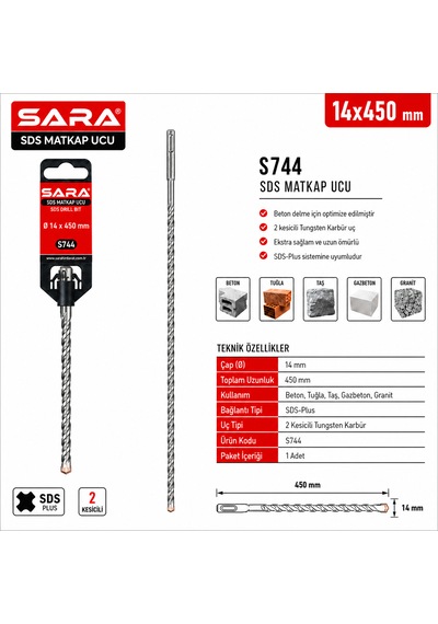 Sara S744 Sds Plus Matkap Ucu 14 X 450 Mm, 2 Kesicili Tungsten Karbür Uçlu