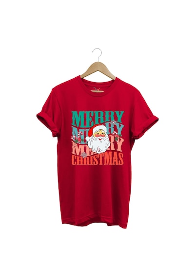 Unisex Yeni Yıl Yılbaşı Noel Baba Merry Christmas Baskılı Şirin Hediye Pamuklu Regular Fit T-shirt Kırmızı