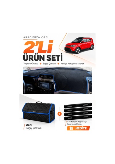 E-biz Kia Soul 2014-2019 Uyumlu Torpido Örtüsü + Deri Bagaj Çantası Seti - Siyah-mavi - Kı021