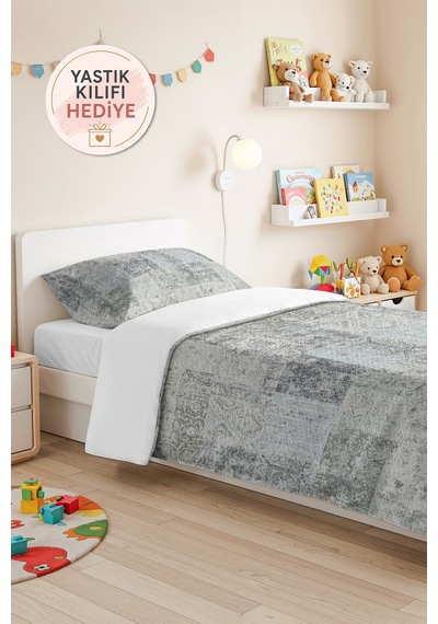 Vintage Patchwork Mavi Tek Kişilik Pike Takımı - Eskitme Bohem Gri 160x220 Cm Kapitone Yatak Örtüsü Kuşluk Yağmur Nüansı