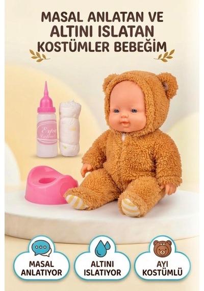Masal Anlatan Ve Altını Islatan Kostümlü Bebek Kafası Kolları Et 30 Cm Lazımlık Ve Biberon Hediyeli 88084392