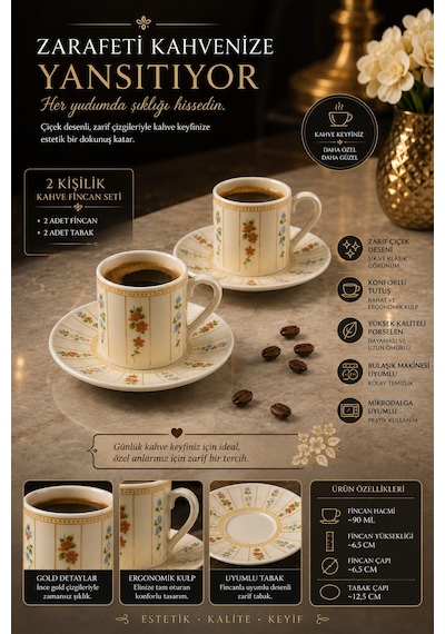 2 Kişilik Beyaz Porselen Çiçek Sarmal Desenli Kahve Fincan Takımı Seti 90ml