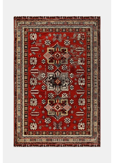Asude Nostaljik Kilim Kırmızı Pamuk Akrilik Robot Süpürge Uyumlu Oturma Odası Salon Halısı