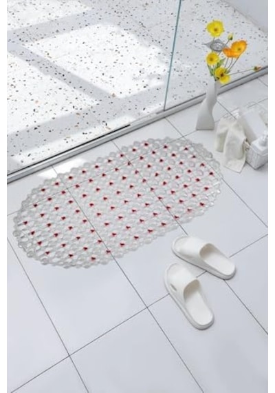 Eko Serisi Banyo - Küvet İçi Kaydırmaz Vantuzlu Oluklu Oval Paspas 63 X 34 Cm, Kırmızı Açık Gri