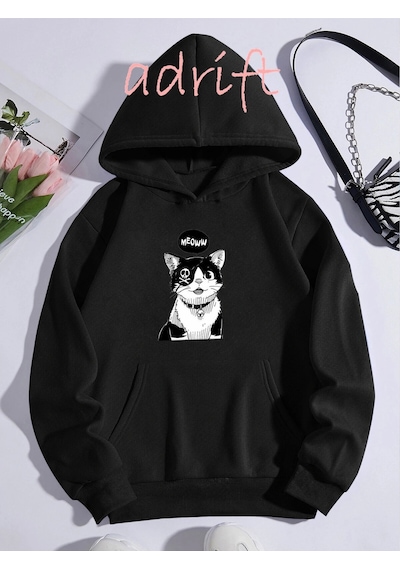 Startmore Unisex Oversize Kapüşonlu Kanguru Cepli Cat Meow Baskılı Siyah Siyah