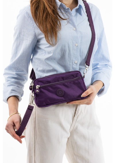 Nemo Bags Mor Unisex Cüzdan, 4 Gözlü, Telefonluk, Crinkle Kumaş, Çapraz Askılı Omuz Çantası, 20x12cm Mor